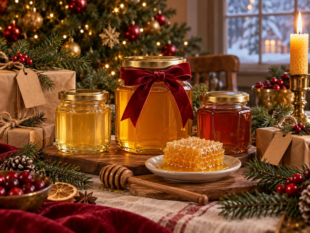 Illustration of golden honey jars with a cranberry bow, honeycomb, evergreen and Christmas gifts.