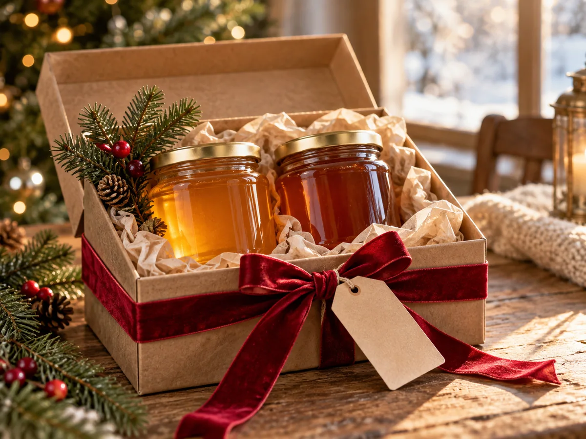 Illustration of two unlabeled honey jars cushioned inside a kraft Christmas gift box.