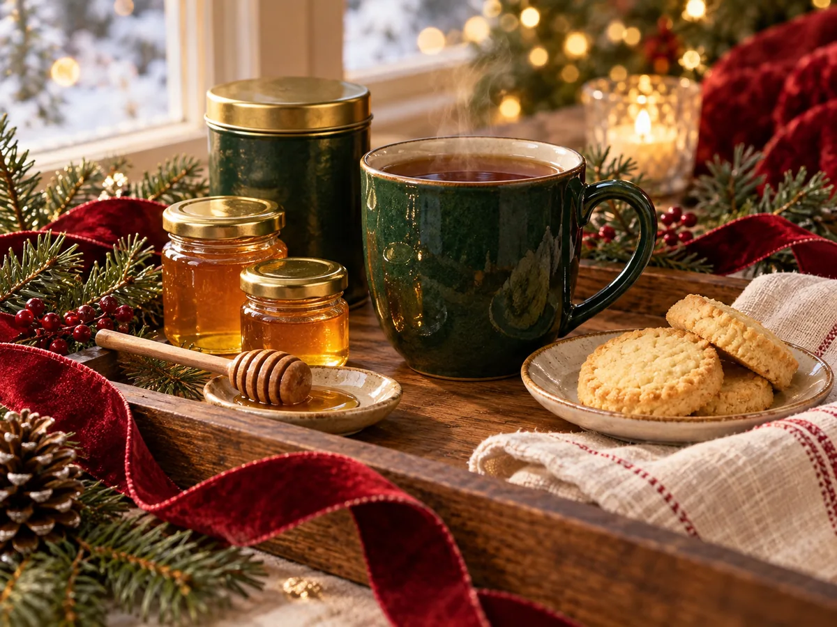 Illustration of a green tea mug, small honey jars, a dipper and shortbread on a festive tray.