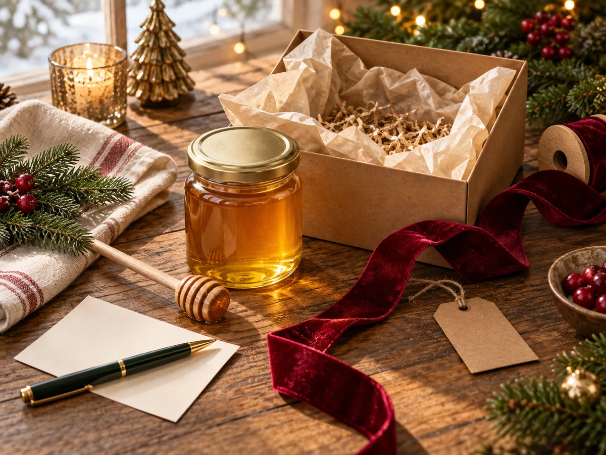Illustration of a sealed honey jar, kraft box, blank gift tag, ribbon and handwritten-note supplies.