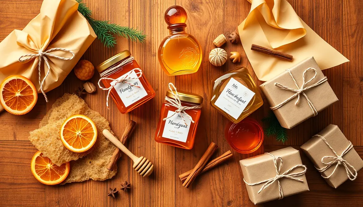 Holiday honey gifts: artisanal jars, honeycomb, dried orange slices, cinnamon sticks, ribbons on dark wood