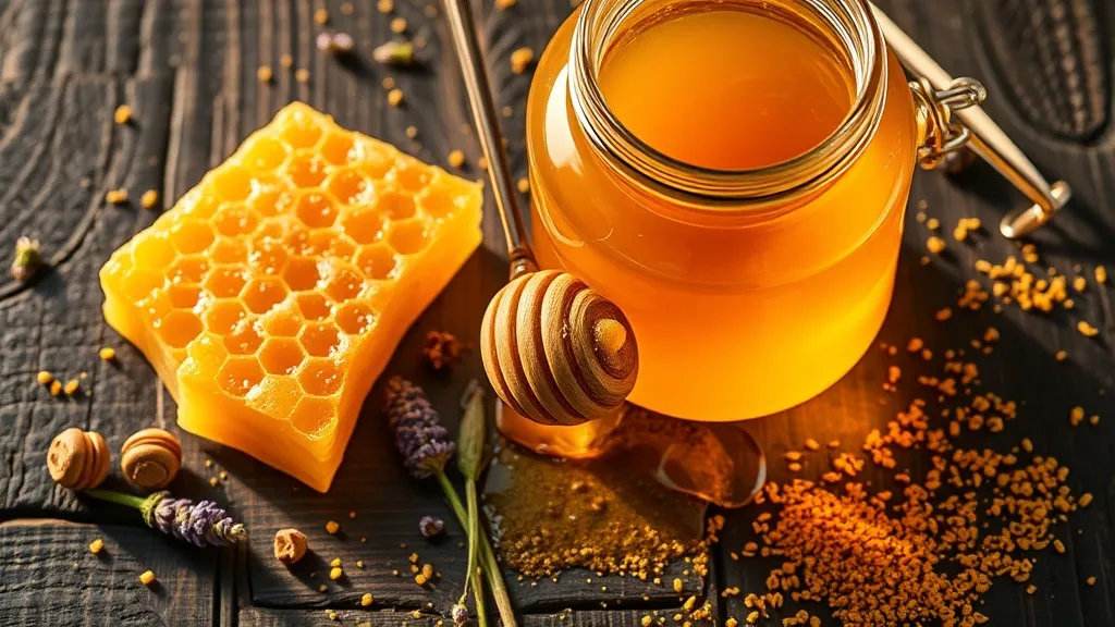 Golden raw honey with honeycomb and wildflowers on a rustic wooden surface