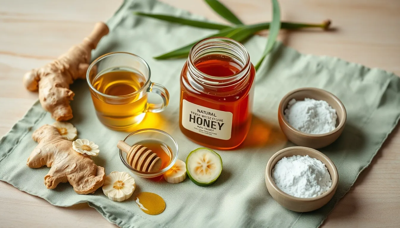 Natural acid reflux remedies with Manuka honey, ginger, chamomile tea, and aloe vera on a calming green linen