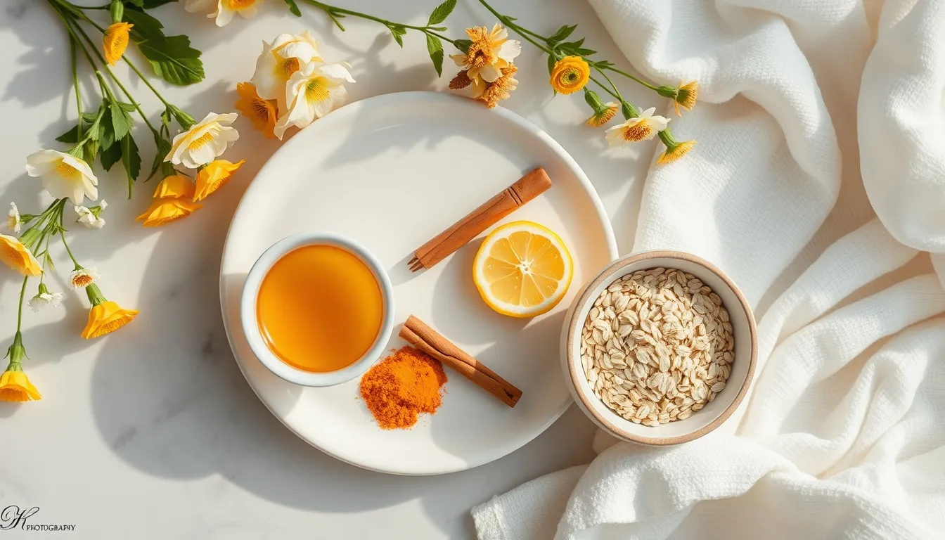 DIY honey face mask ingredients flat lay: raw honey, turmeric, cinnamon, lemon, oats, and face mask brush on white tray