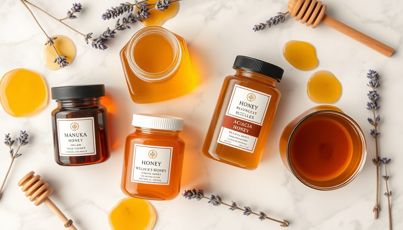 Four honey varieties for skincare: dark Manuka, golden wildflower, pale acacia, and deep buckwheat on white marble