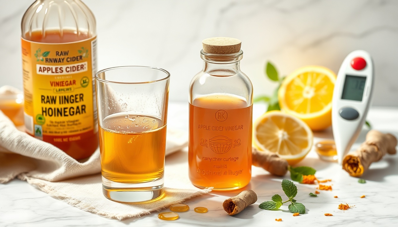 Honey and apple cider vinegar health tonic with fresh ginger and lemon