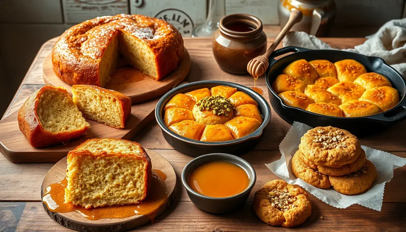 Honey cake, baklava, cornbread, and honey oat cookies on rustic display