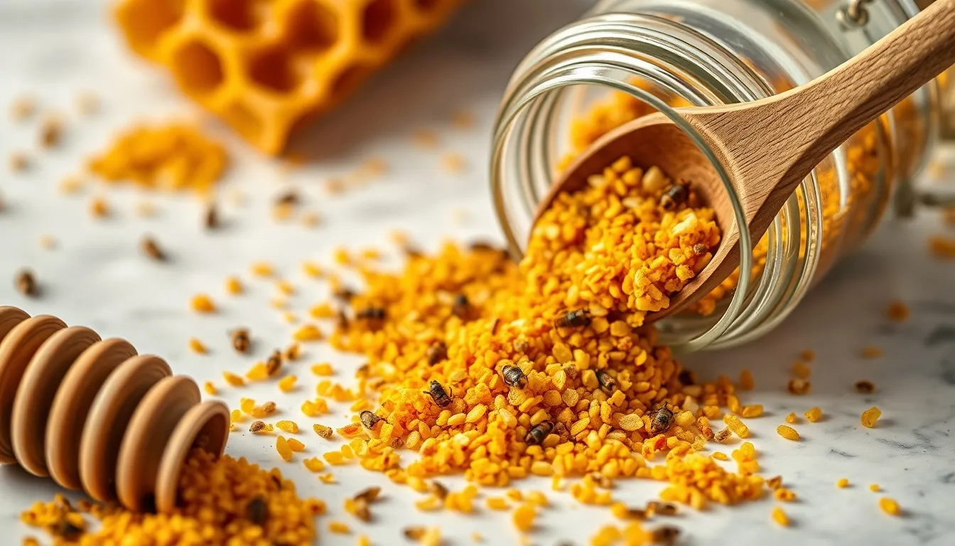 Macro close-up of multicolored bee pollen granules scooped from glass jar with wooden spoon