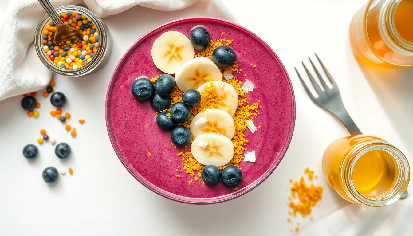 Purple acai smoothie bowl topped with golden bee pollen, blueberries, banana, coconut, and honey drizzle
