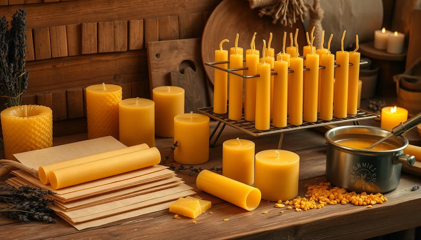 Handmade beeswax candles in various stages of creation on a rustic wooden workbench with honeycomb sheets and melted wax