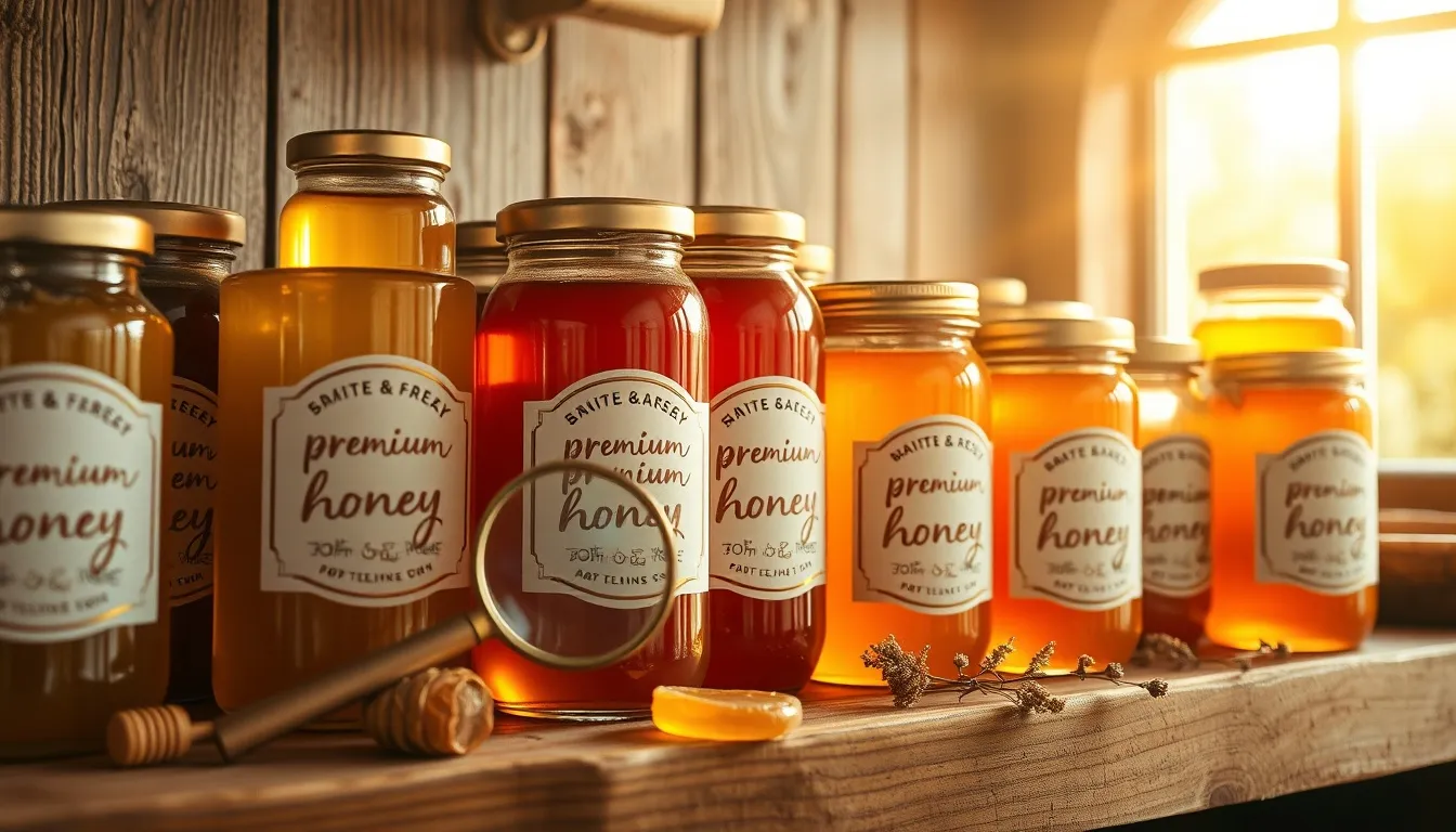 Curated collection of premium raw honey jars in different amber shades on a rustic wooden shelf with magnifying glass