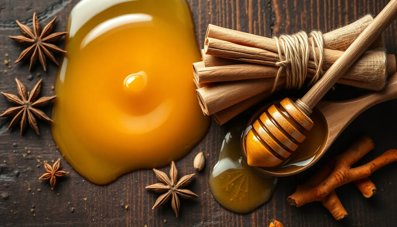 Ceylon cinnamon sticks with flowing golden honey, star anise, and cardamom on dark wood