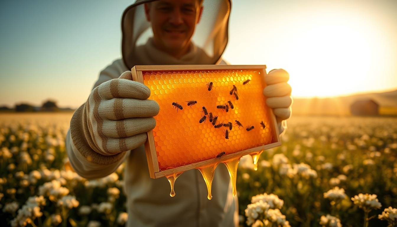 Beekeeper holding golden honeycomb frame dripping with light amber clover honey in a blooming clover field
