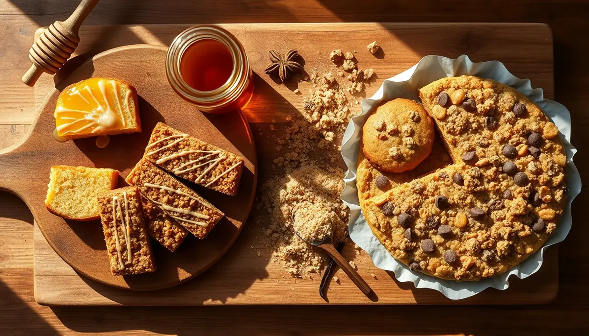Baked goods made with honey versus coconut sugar — honey cake and granola bars next to coconut sugar cookies and crumble tart