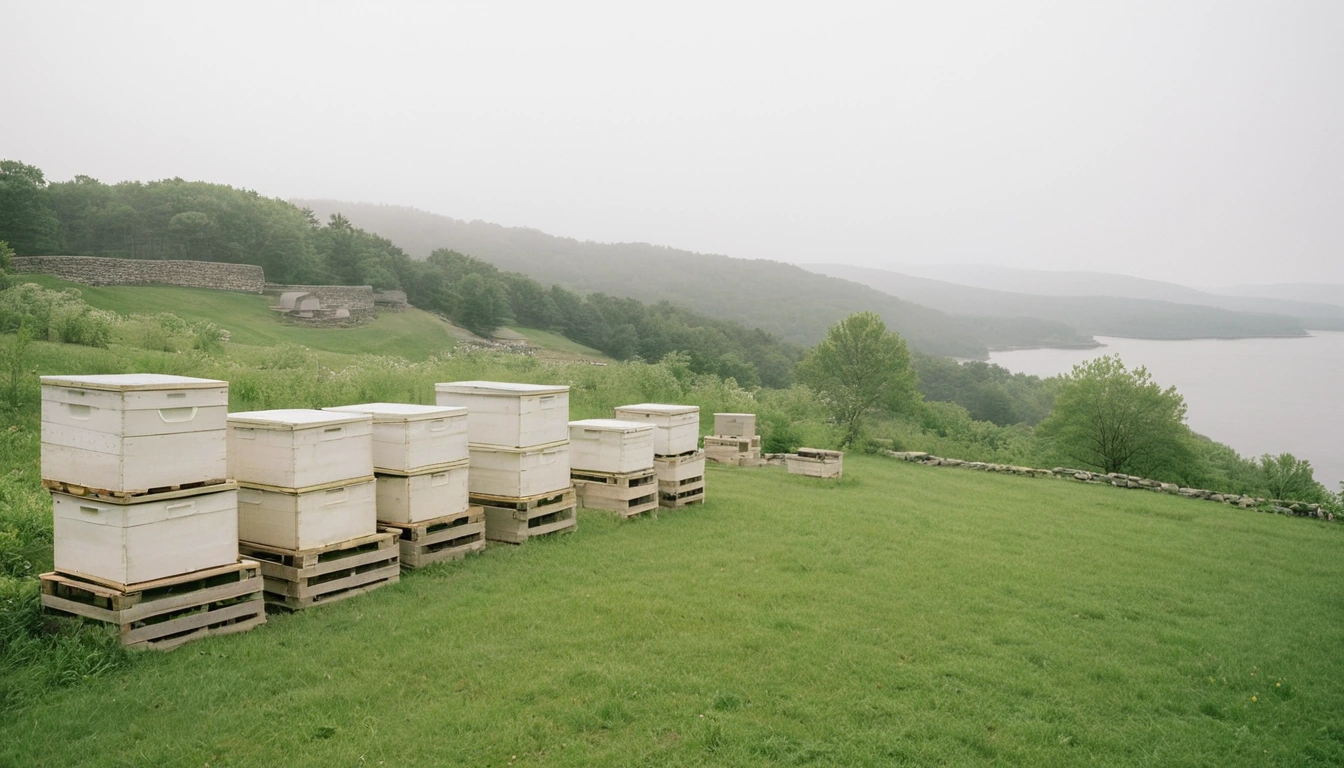 Connecticut coastal landscape with honey bees foraging on mountain laurel and salt marsh asters with Long Island Sound and Connecticut River Valley in background