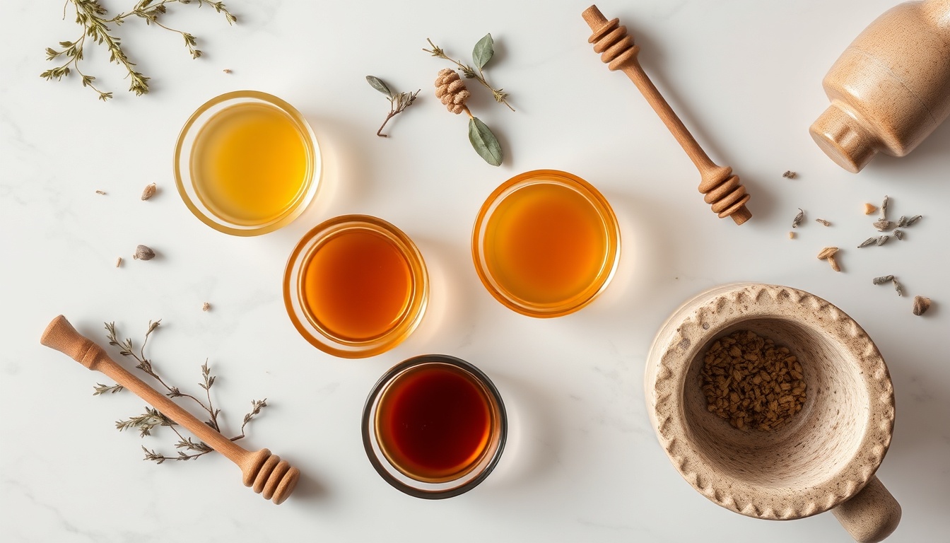 Four different honey varieties in glass bowls from light golden to dark buckwheat with dried herbs