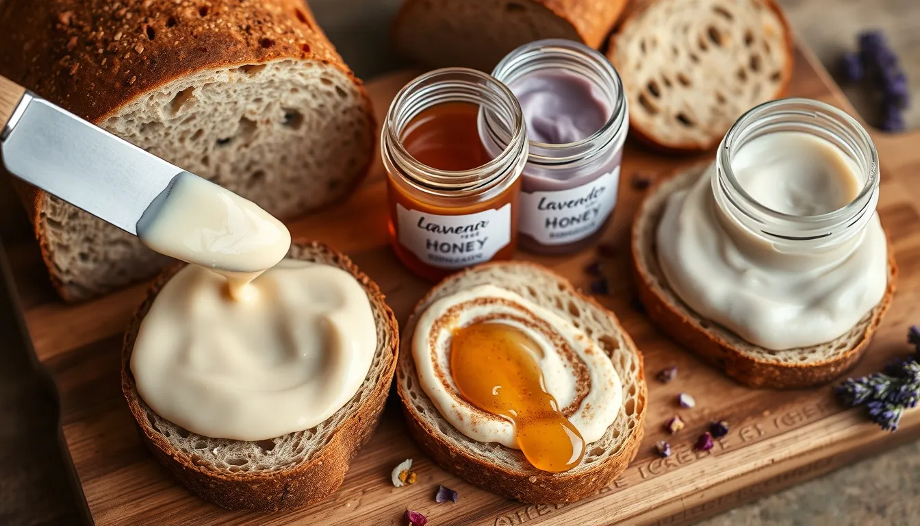 Different flavored creamed honeys being spread on artisan breads: clover, cinnamon-swirled, and lavender-infused varieties