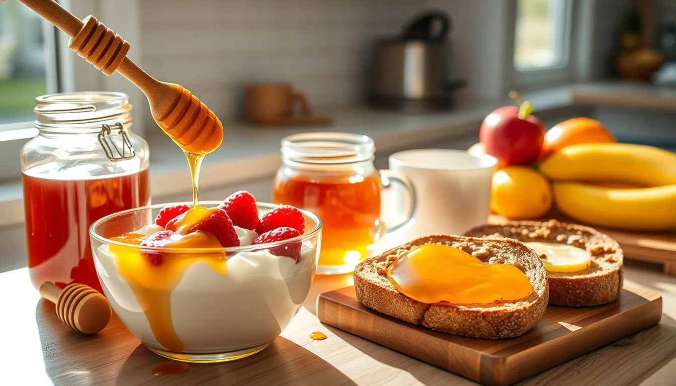 Morning breakfast with honey drizzled over yogurt, berries, and granola alongside herbal tea
