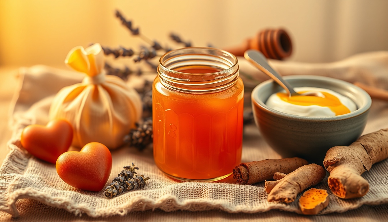 Jar of amber honey surrounded by health elements: heart, lavender, yogurt, herbs, and honeycomb