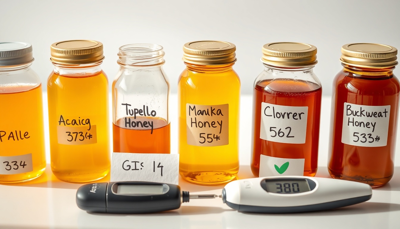 Five honey varieties arranged by glycemic index from pale acacia to dark buckwheat with blood glucose monitor