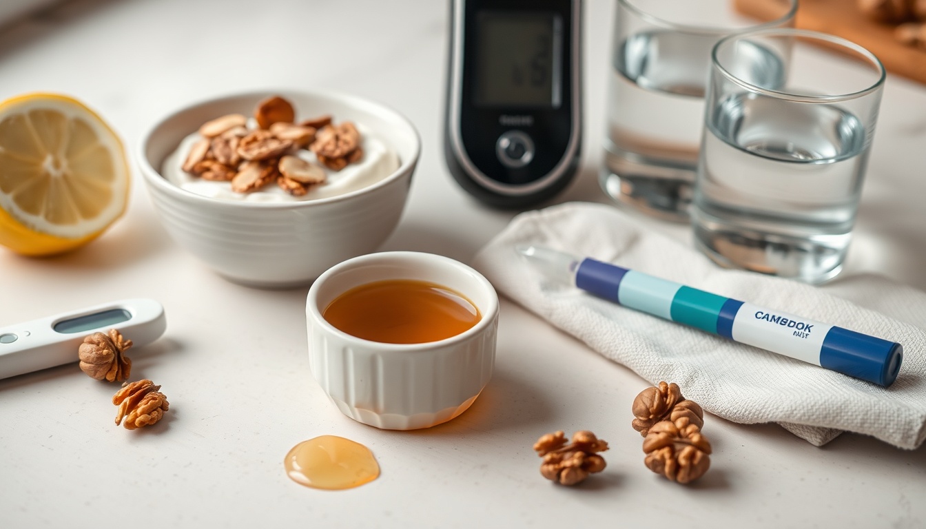 Diabetic-safe honey serving with measured teaspoon, Greek yogurt with almonds, blood glucose monitor, and lemon water