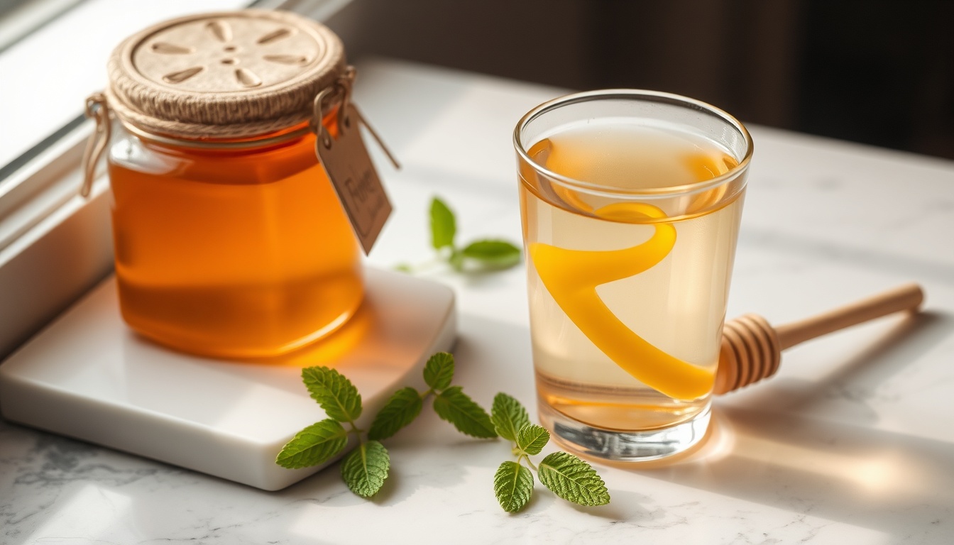 Clear glass of warm honey water with golden honey swirl dissolving, beside a jar of raw honey and fresh mint