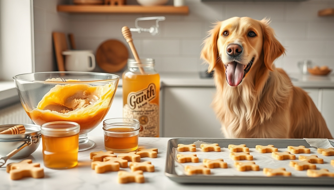 Homemade honey dog treat preparation with peanut butter mixture, bone-shaped cookie cutters, and golden retriever