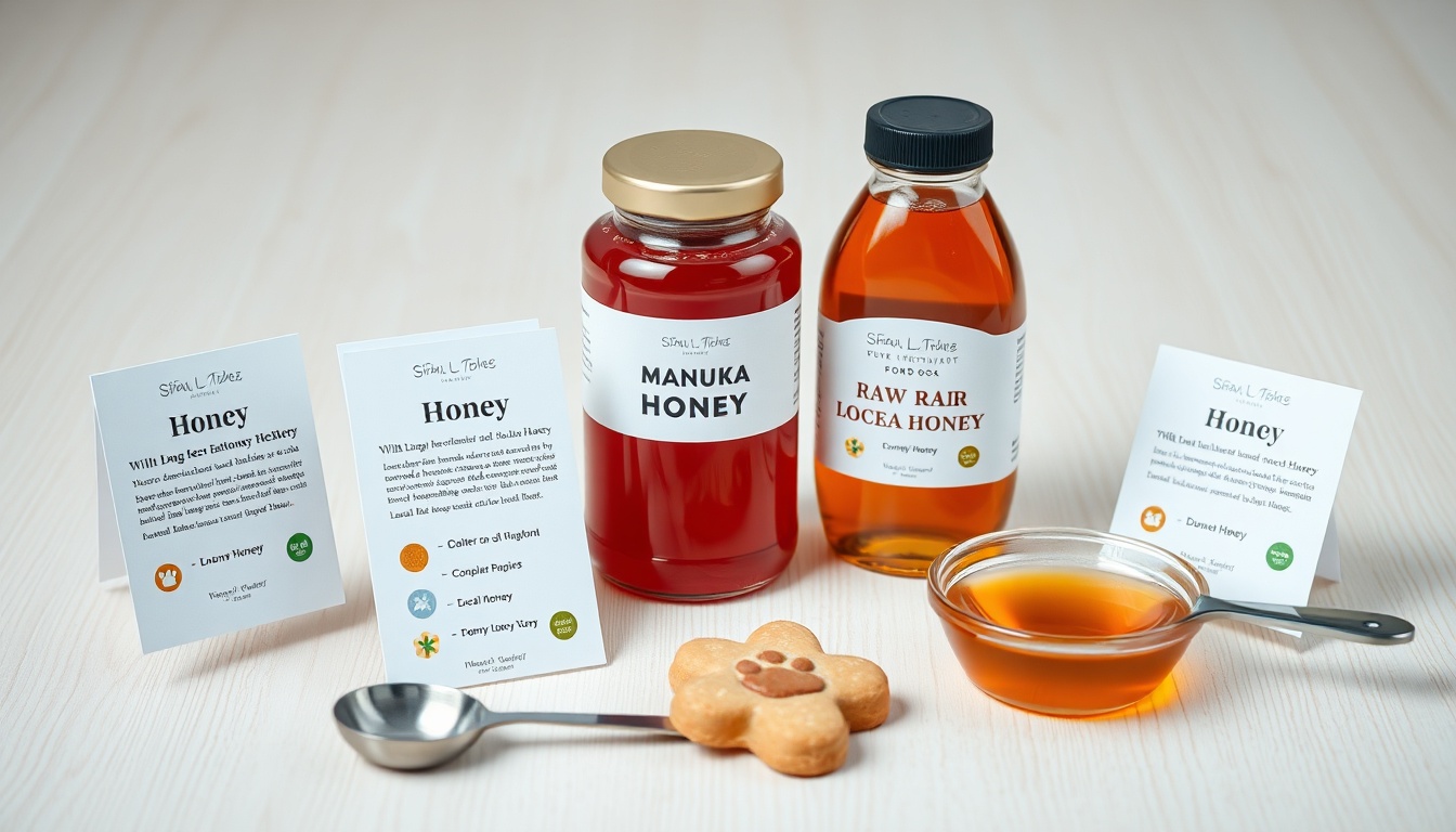Three honey varieties recommended for dogs: raw clover, Manuka, and local wildflower with measuring spoon for proper dosage