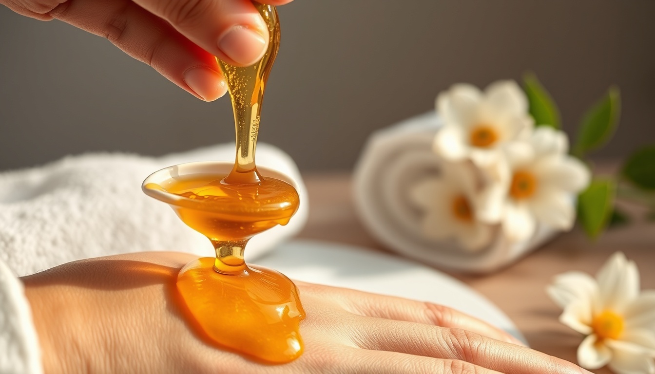 Golden raw honey being applied as a luxurious face mask with spa-like setting