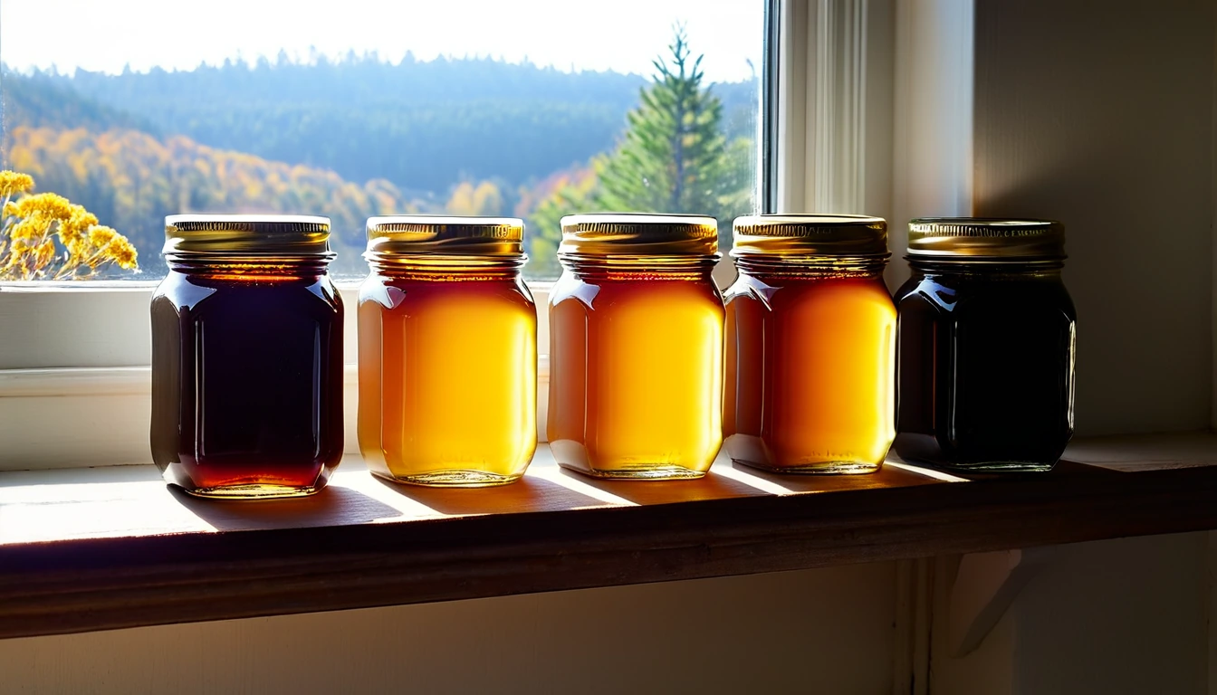 Five unlabeled honey jars on a window shelf, from pale gold to near-black, beside dried goldenrod