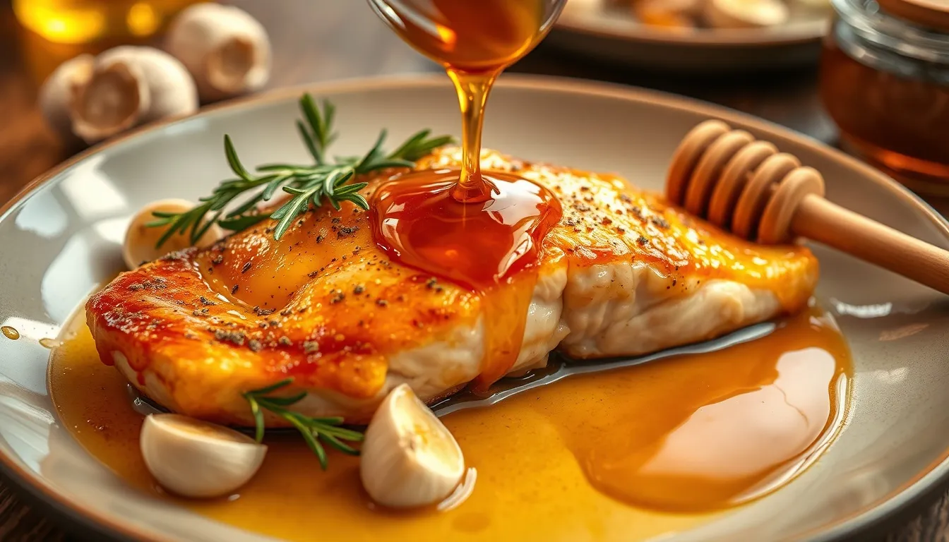 Honey-garlic glaze drizzled over beautifully roasted meat with fresh herb garnish
