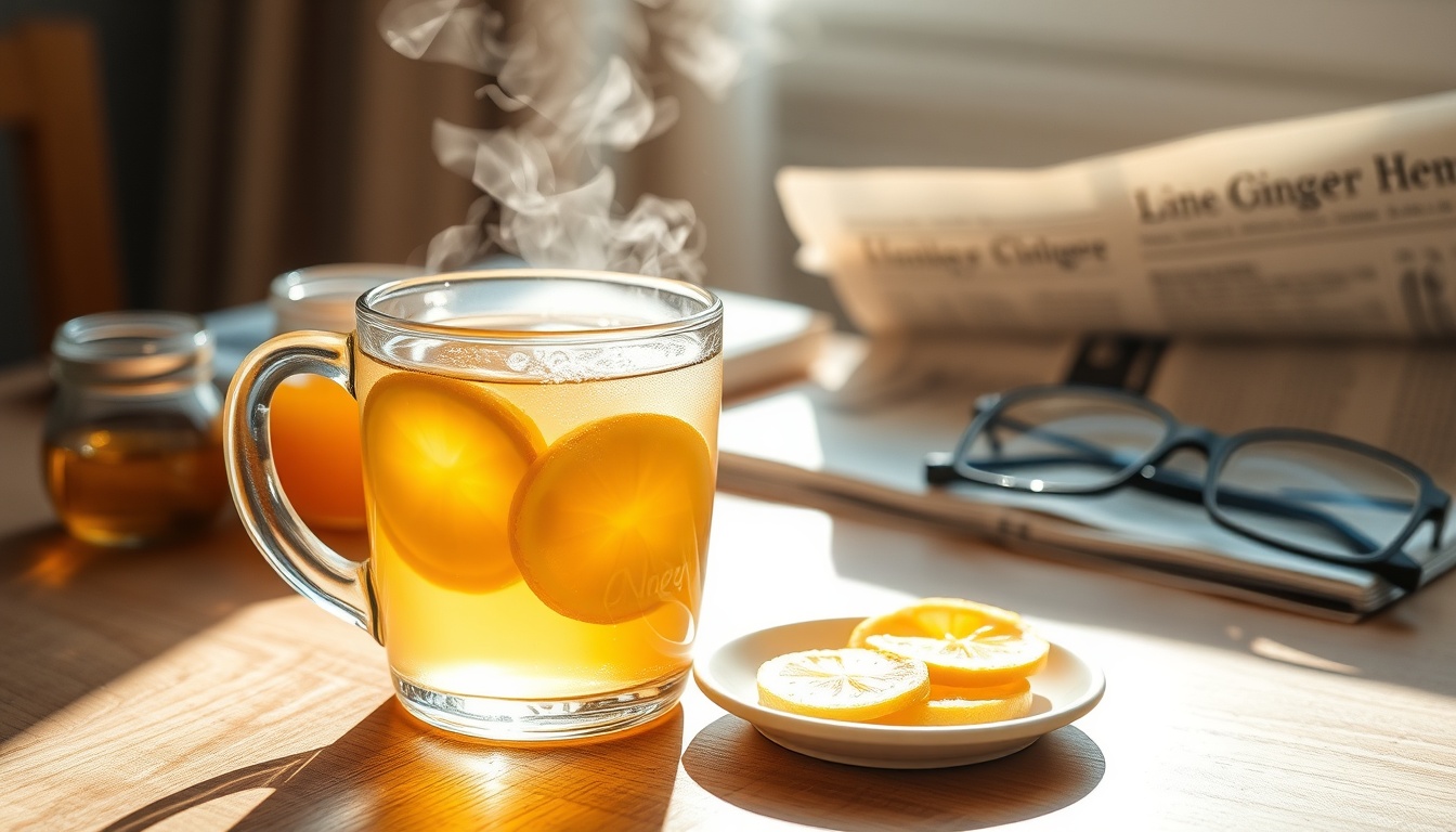 Morning honey-ginger wellness routine with freshly brewed tea, ginger slices, and golden honey in warm sunlight