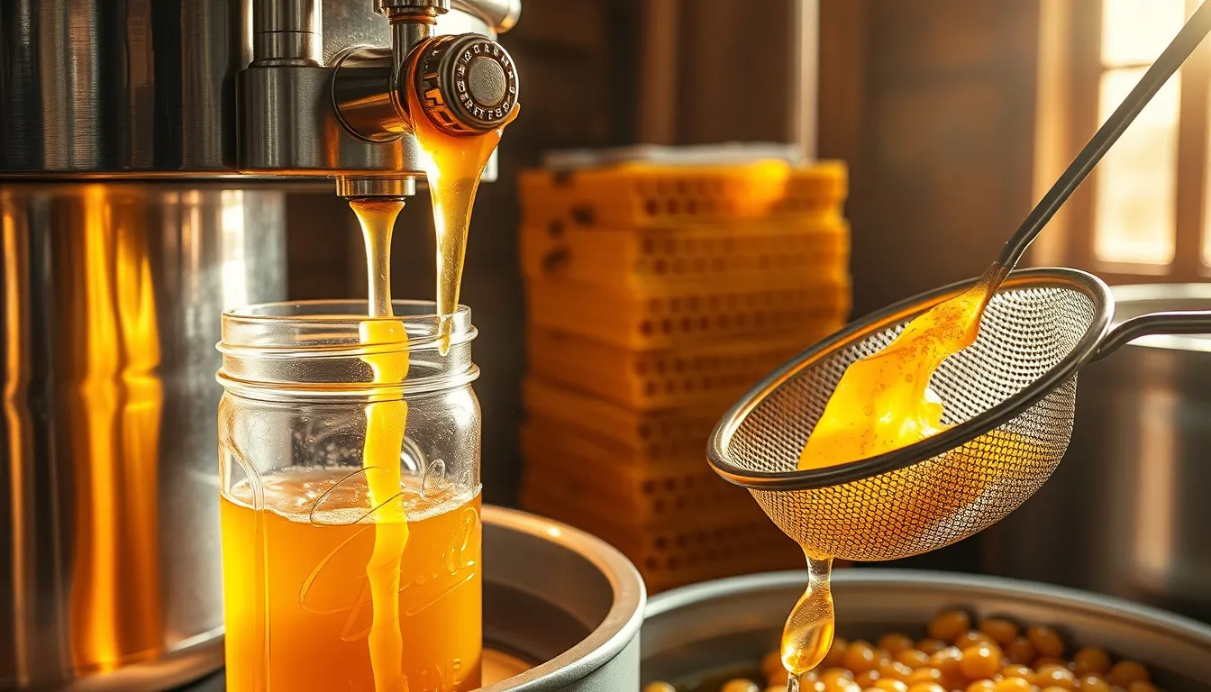 Golden raw honey flowing from extractor into glass jar