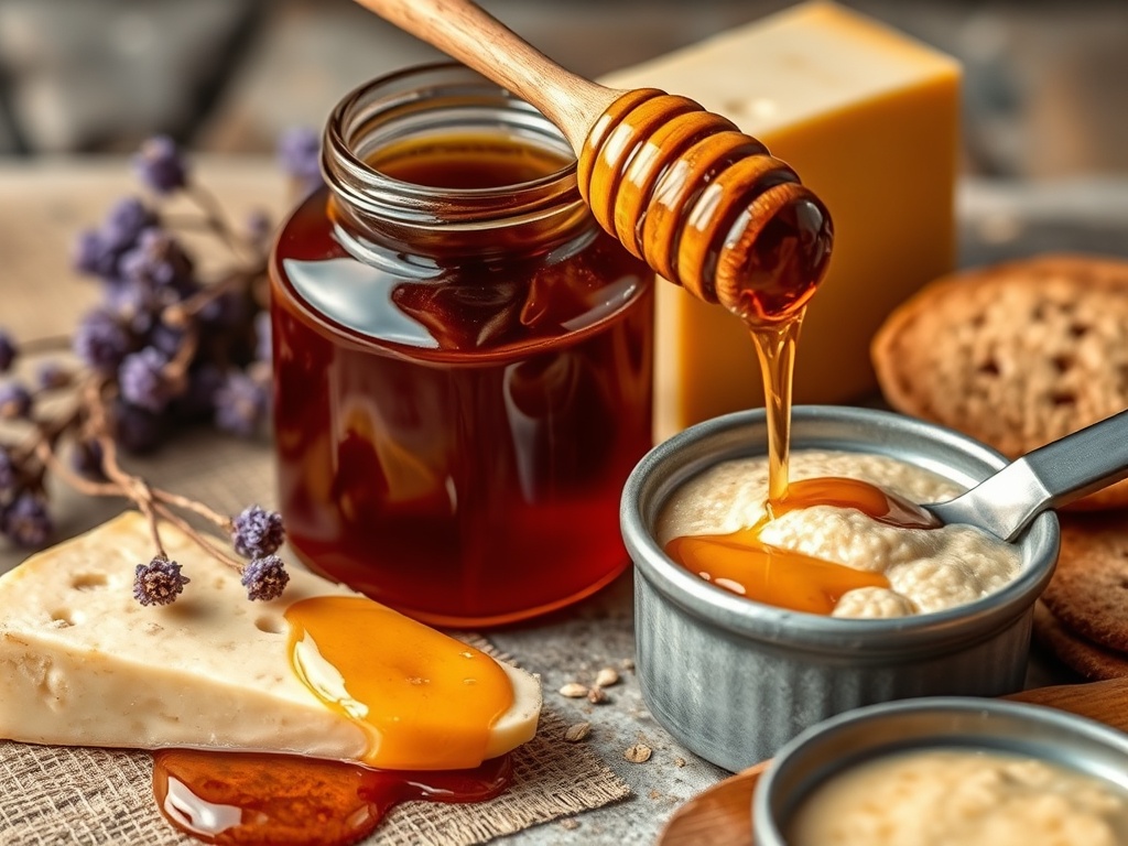 Dark amber heather honey in glass jar with wooden dipper, aged Scottish cheddar, oatcakes, and dried heather on stone