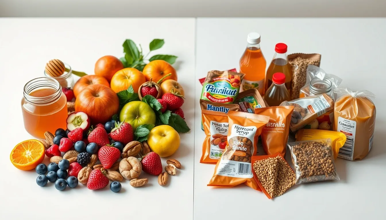 Whole foods with raw honey on one side, packaged foods with HFCS labels on the other — wholesome versus ultra-processed