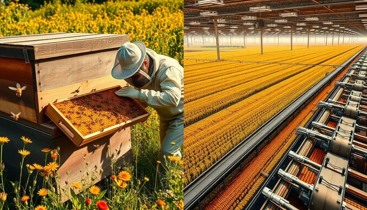 Beehive in wildflower meadow beside industrial corn processing facility — natural versus manufactured sweeteners