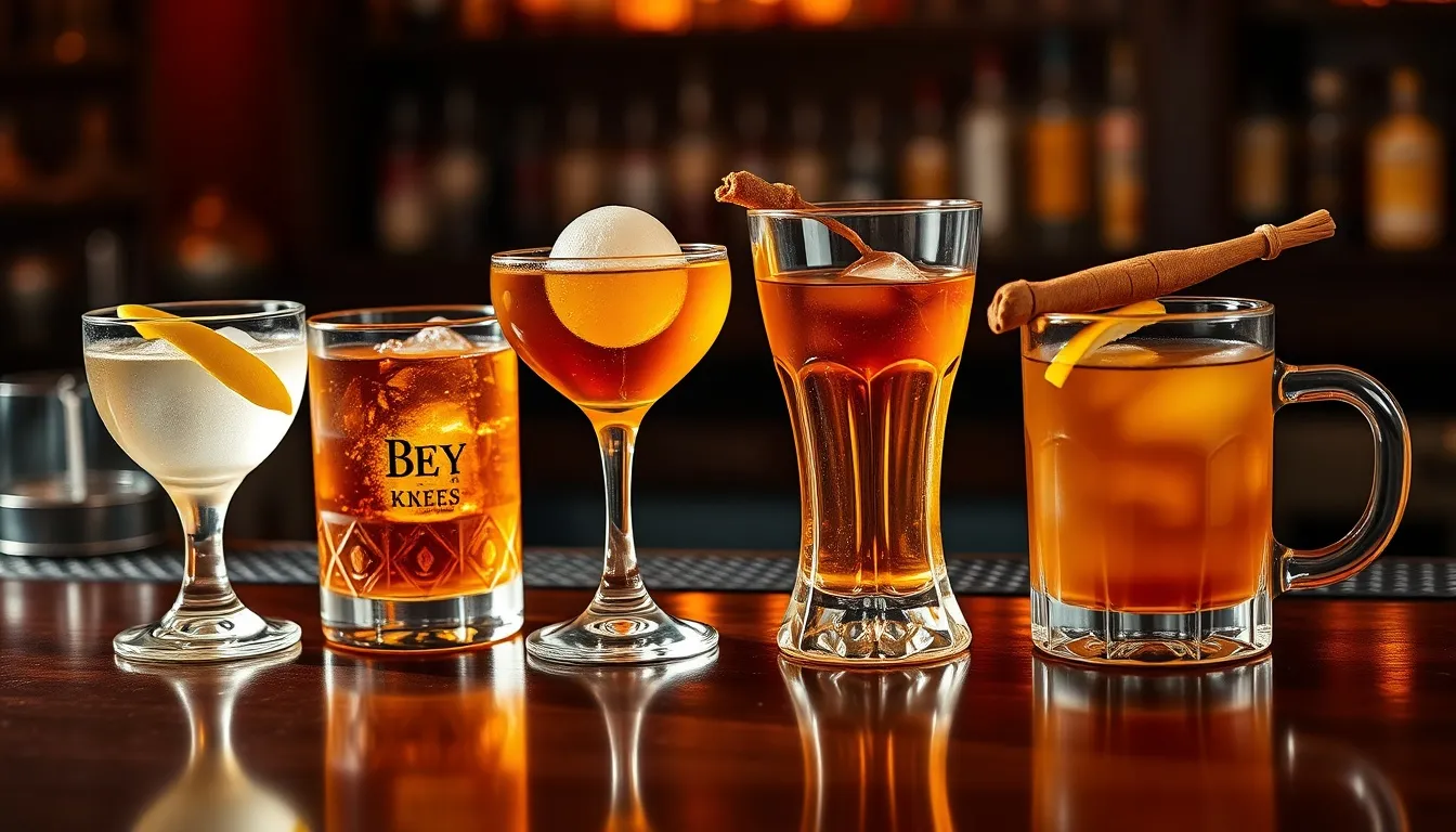 Four classic honey cocktails — Bee's Knees, Gold Rush, Penicillin, and Hot Toddy — on a polished dark wood bar