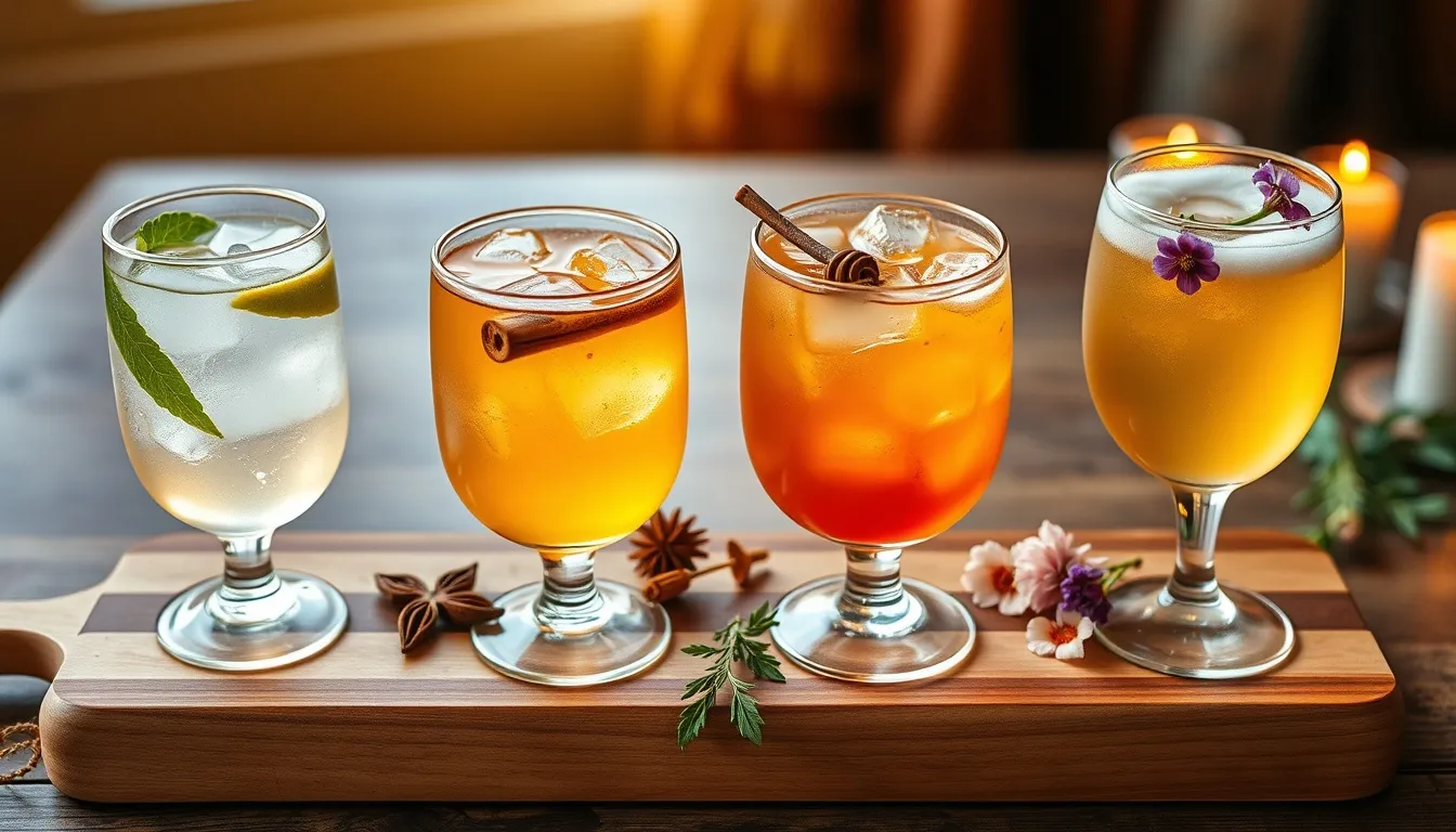 Four seasonal honey drinks — summer lemonade, autumn cider, winter toddy, and spring fizz — on a wooden board