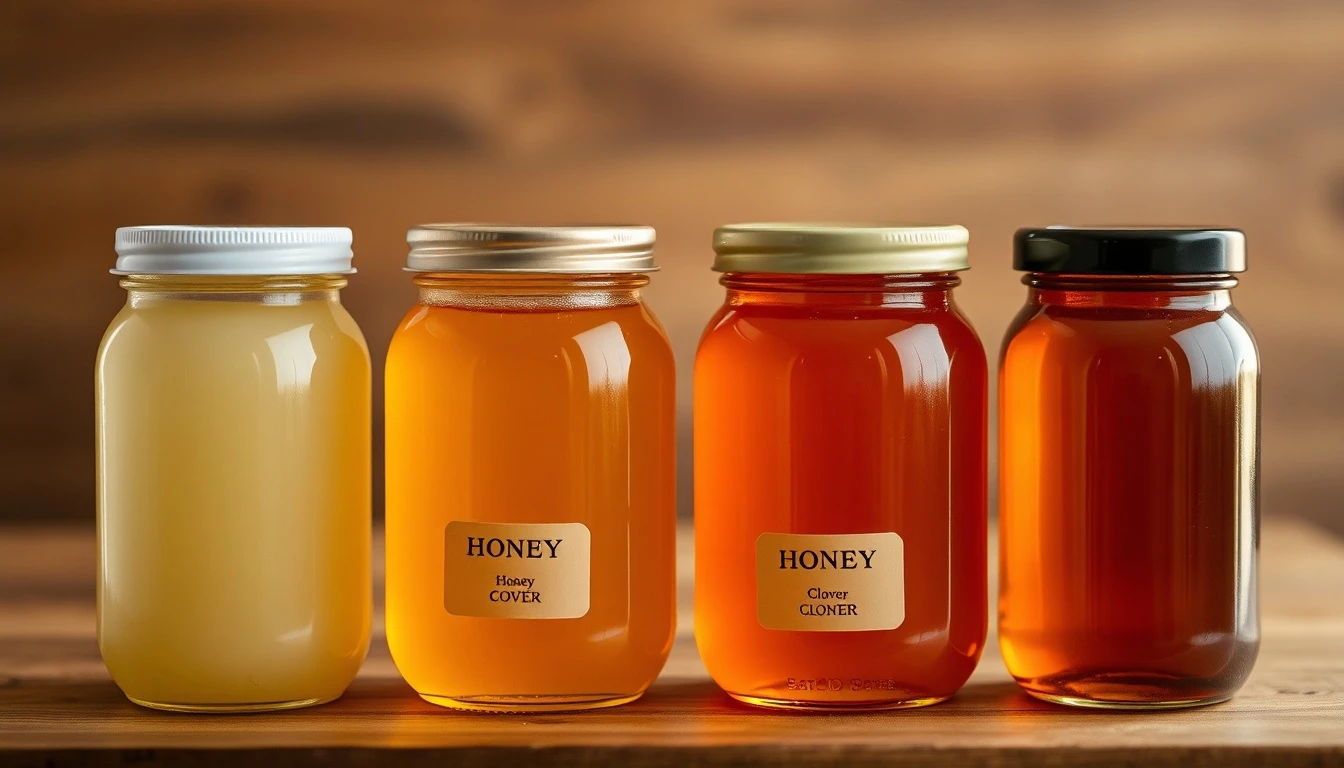 Honey color spectrum from water-white acacia through golden wildflower to near-black buckwheat honey jars