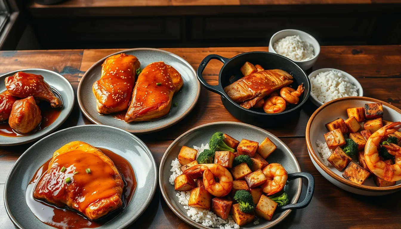 Honey garlic sauce protein applications — glazed chicken thighs, salmon, shrimp, and crispy tofu with rice