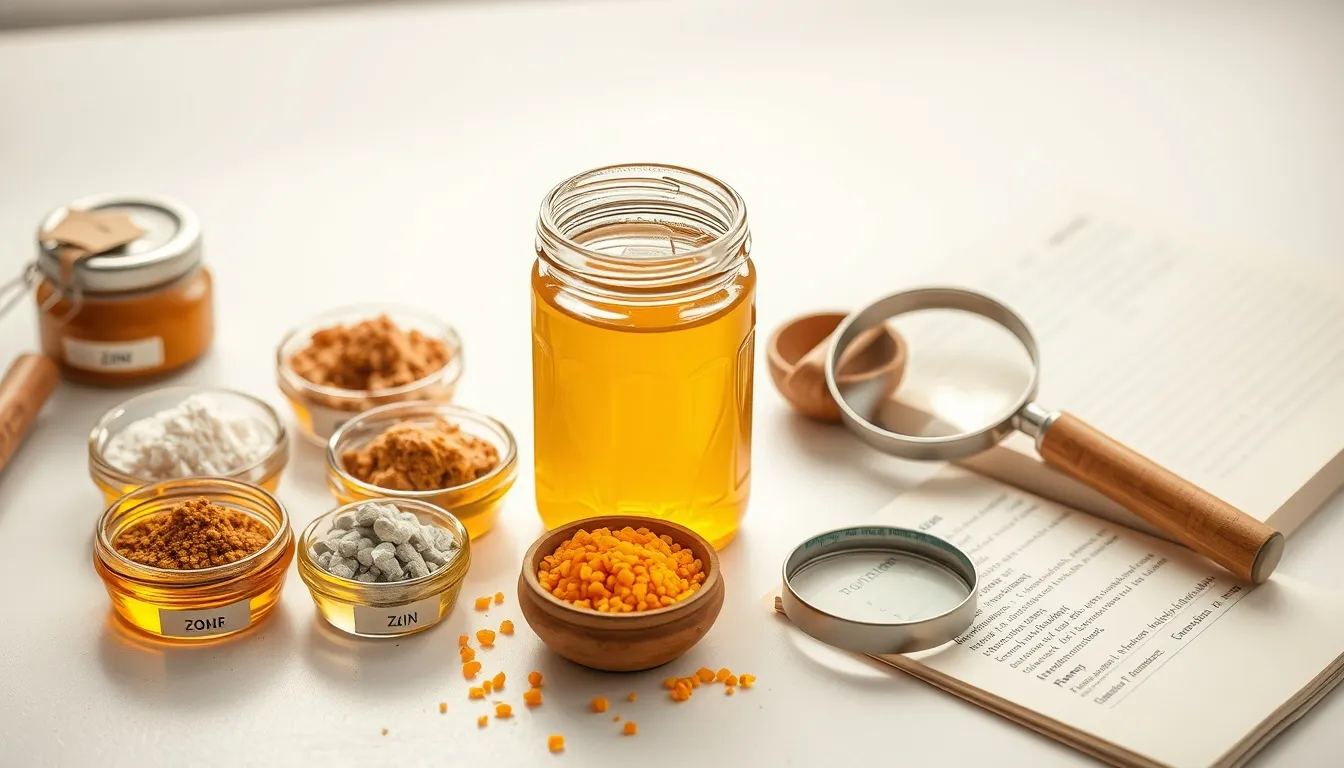 Raw honey jar backlit showing amber color, surrounded by mineral dishes and bee pollen with nutrition notes