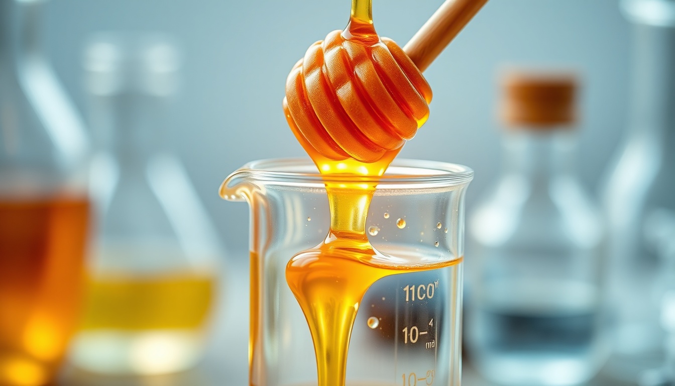 Honey dripping into glass jar, golden amber color, illustrating honey's acidic chemistry and antimicrobial properties