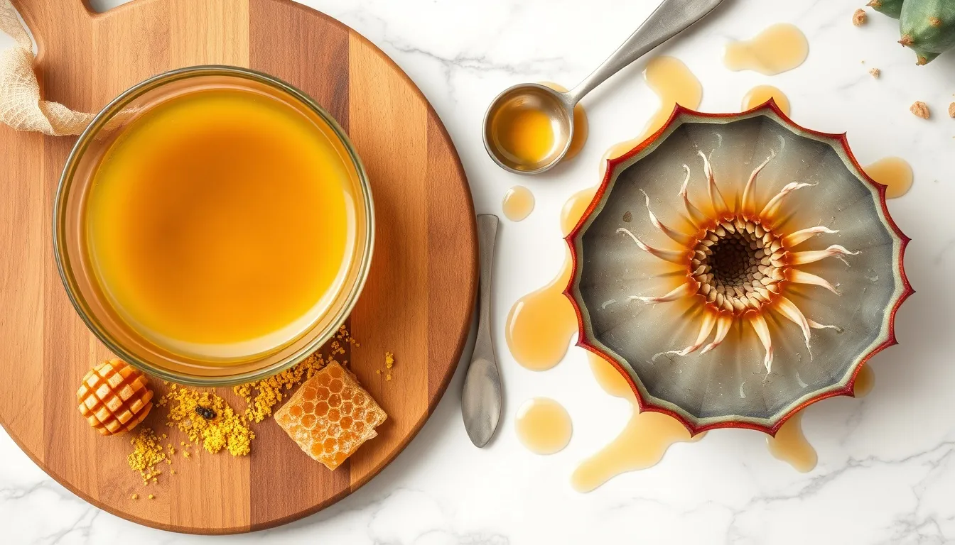 Overhead comparison of thick golden raw honey with honeycomb versus light amber agave nectar with blue agave plant