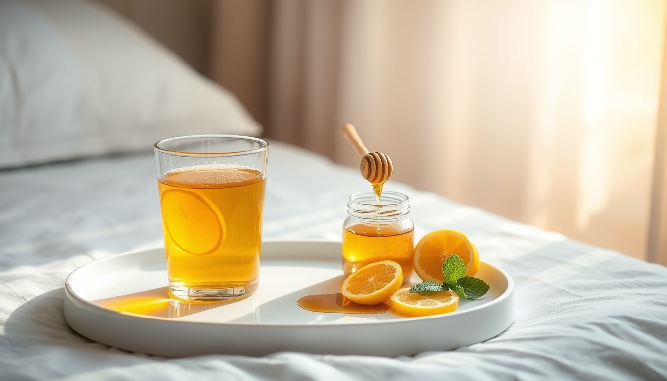 Glass of warm honey water with lemon on a sunlit morning tray