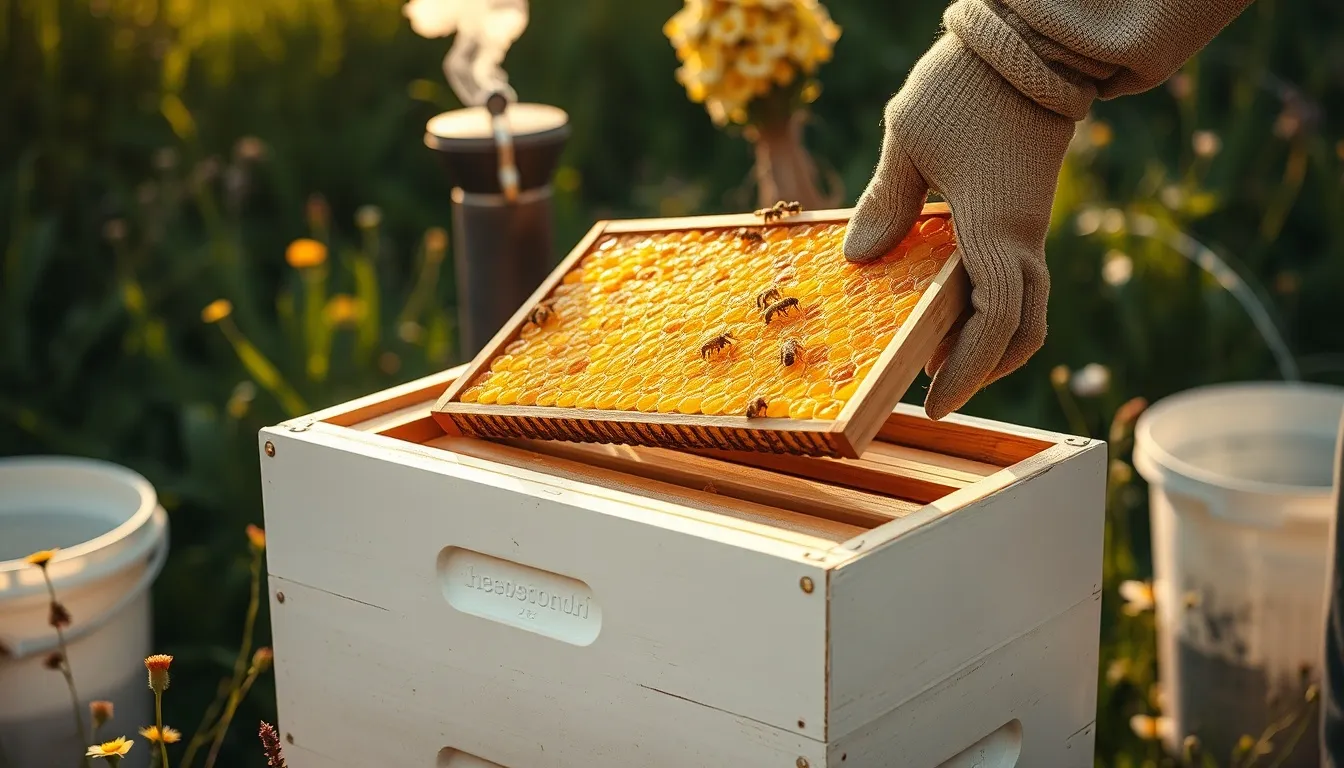 Beekeeper hands lifting wooden frame of capped golden honeycomb from beehive in lush green apiary