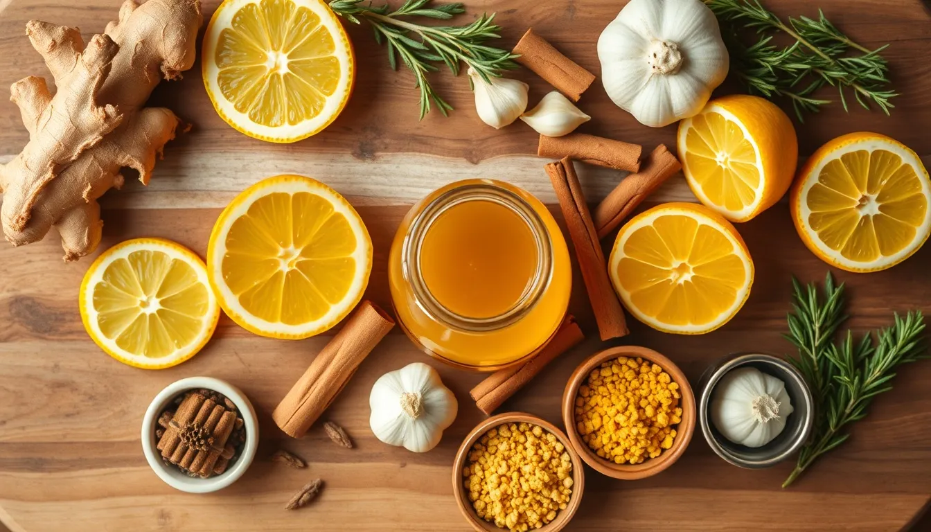 Immune-supporting foods: raw honey jar, ginger, turmeric, lemons, garlic, cinnamon, herbs, and bee pollen on rustic board