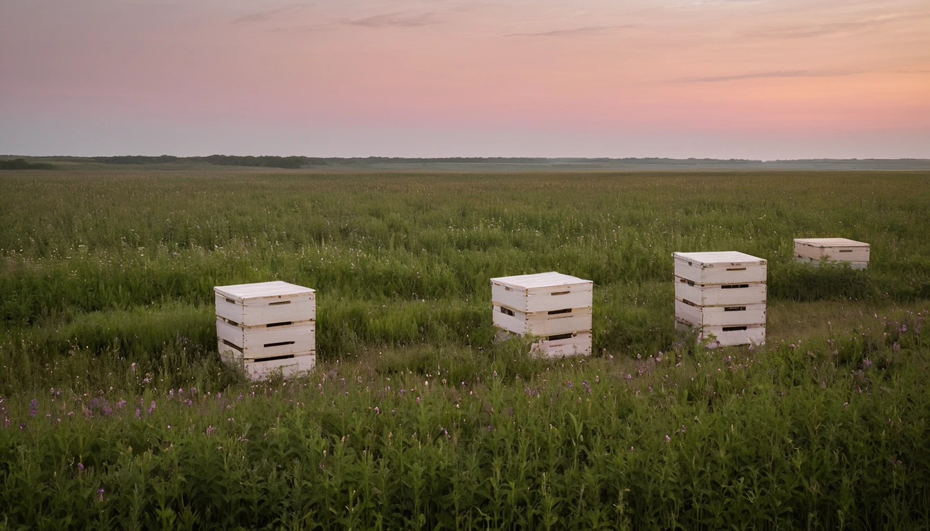 Iowa agricultural landscape with corn fields, prairie wildflowers, and beehives during peak honey harvest season