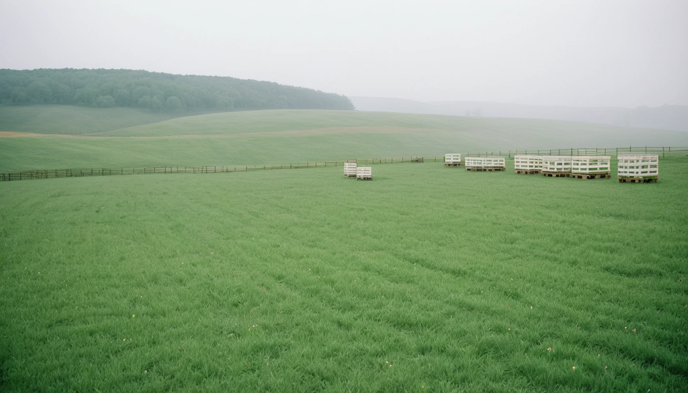 Kentucky Bluegrass landscape with bourbon distillery oak groves and limestone geology during honey harvest season