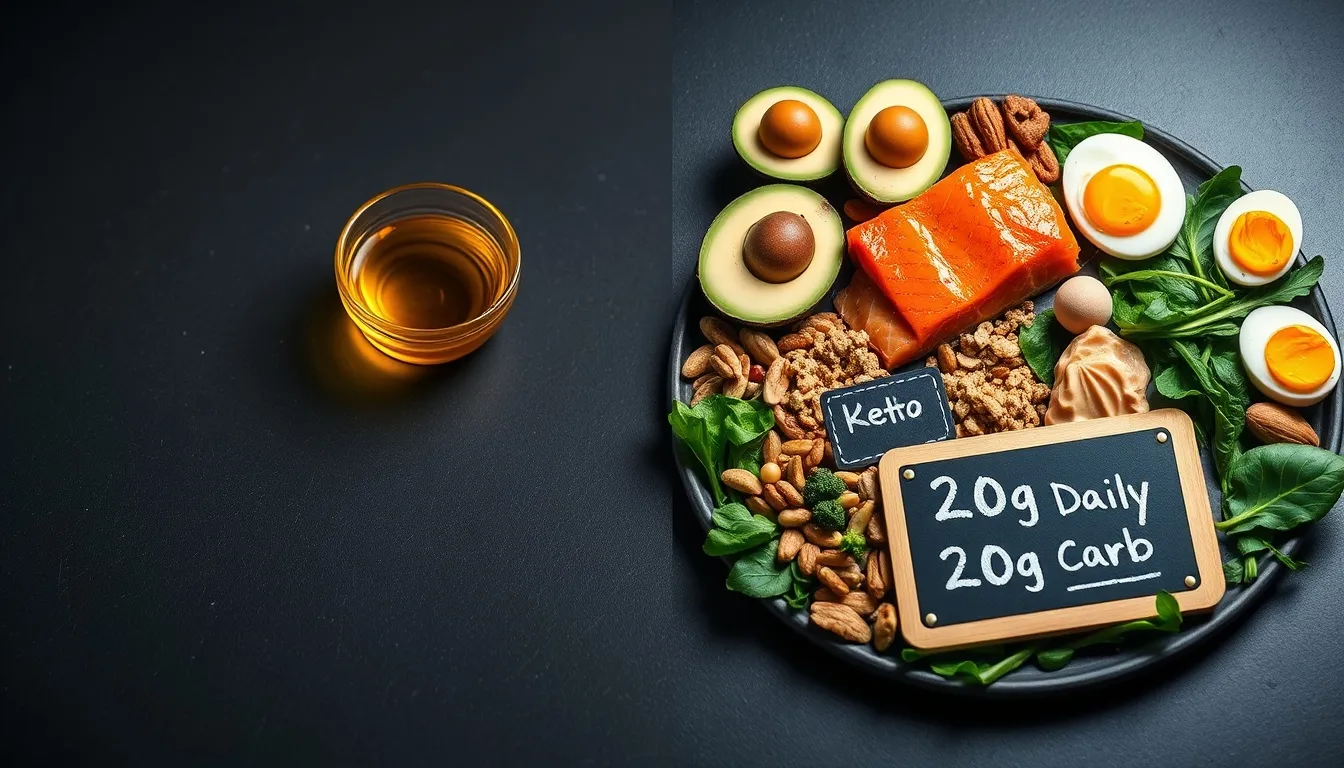 Visual comparison of honey's 17g carbs per tablespoon versus abundant keto-friendly foods like avocado, salmon, and nuts