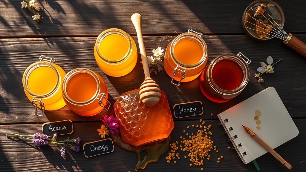 Six artisan honey varieties in glass jars arranged with flowers, honeycomb, and educational materials on a wooden surface
